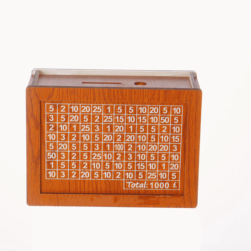 Money Piggy Bank Wood. With Saving Goal And Numbers To Check For Helps The Habit Of Saving