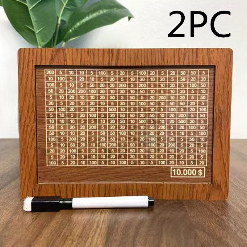 Money Piggy Bank Wood. With Saving Goal And Numbers To Check For Helps The Habit Of Saving