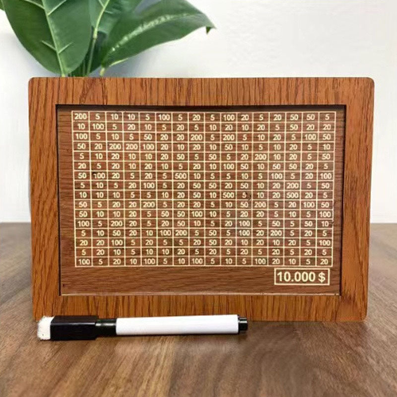 Money Piggy Bank Wood. With Saving Goal And Numbers To Check For Helps The Habit Of Saving