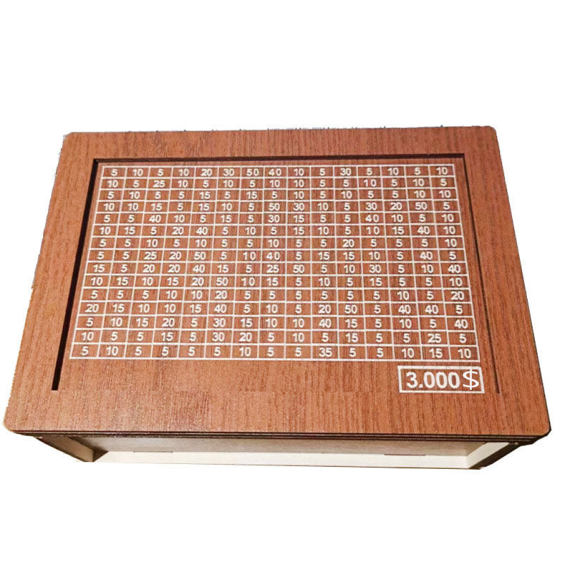 Money Piggy Bank Wood. With Saving Goal And Numbers To Check For Helps The Habit Of Saving
