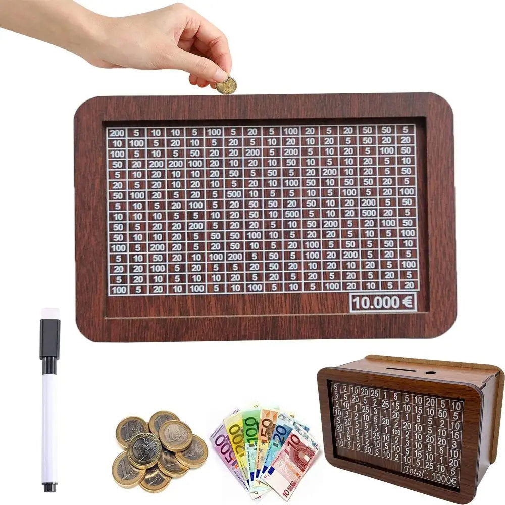 Money Piggy Bank Wood. With Saving Goal And Numbers To Check For Helps The Habit Of Saving
