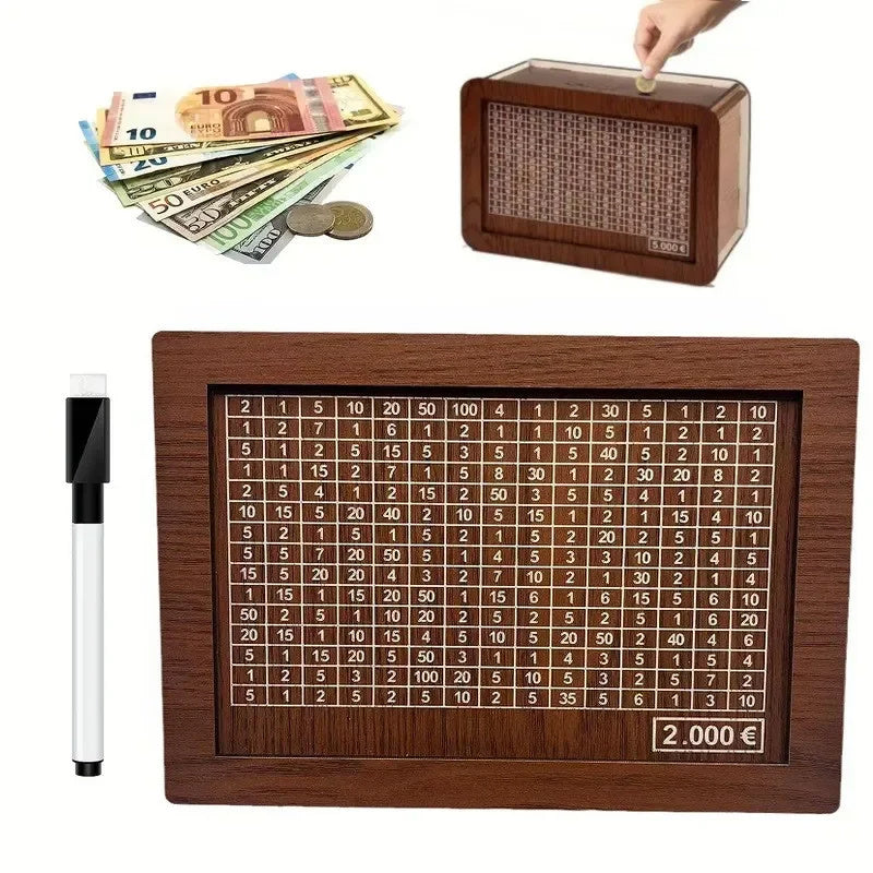 Money Piggy Bank Wood. With Saving Goal And Numbers To Check For Helps The Habit Of Saving